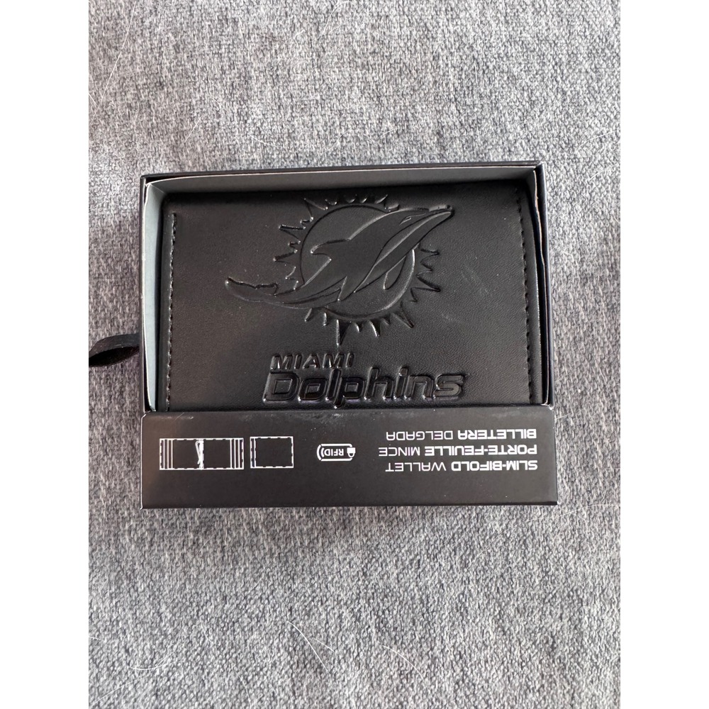 Miami Dolphins Slim Bifold Wallet Genuine Leather RFID Mens Black
